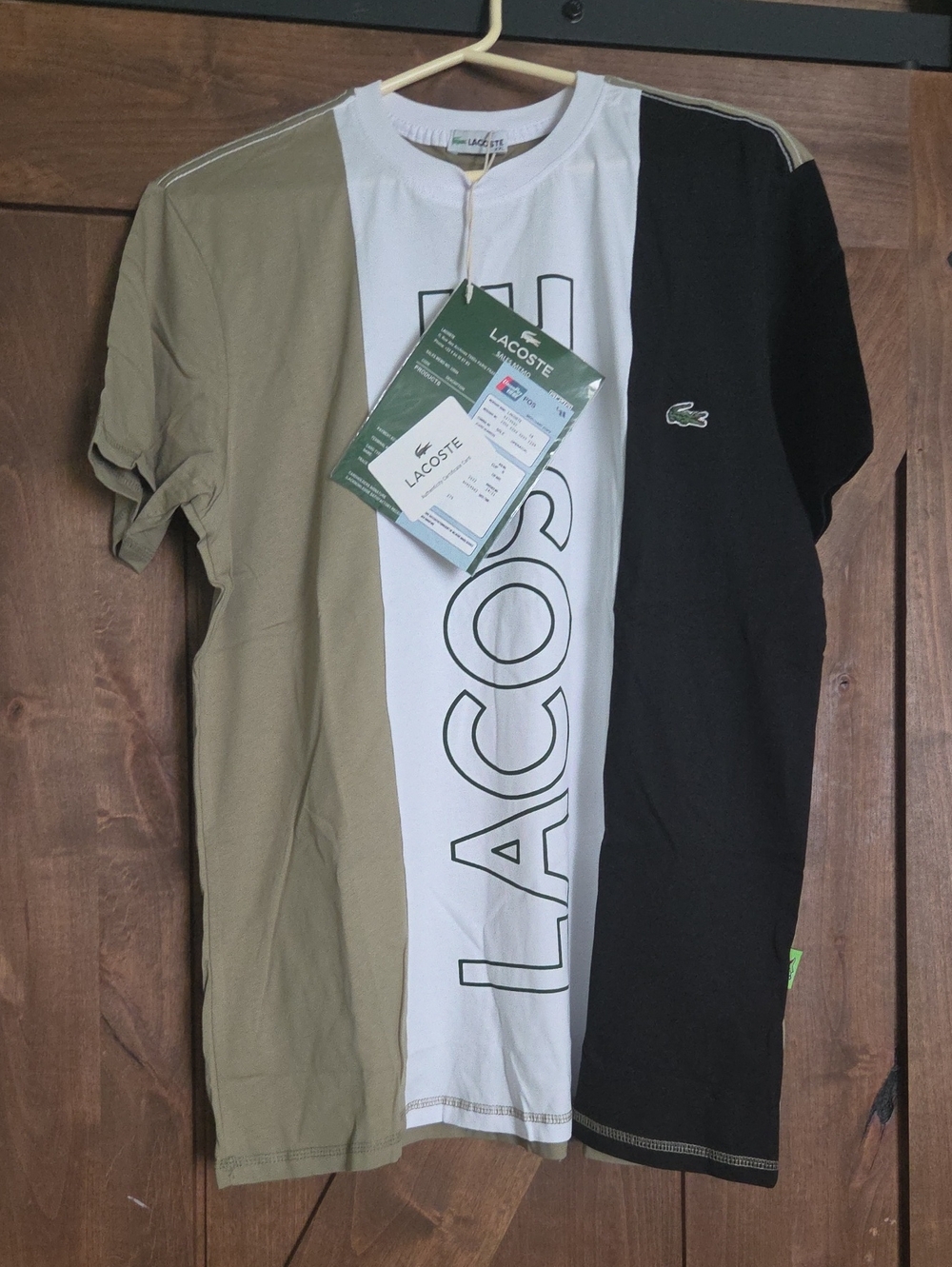 Lacoste Men’s Vertical Logo Colorblock Tee in Olive, White & Black